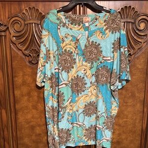 JM Collection Turquoise and Gold Patterned Blouse (R)